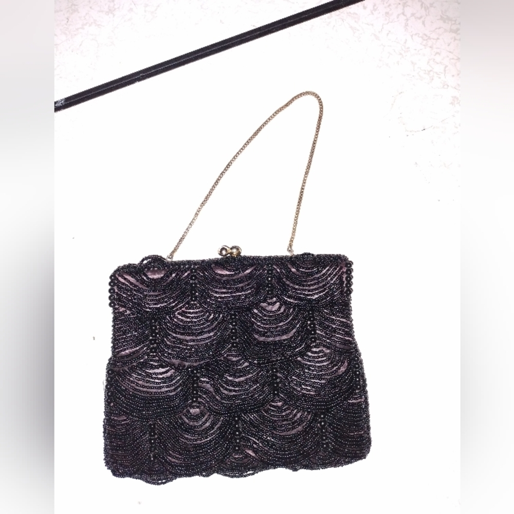 VINTAGE Black Drape Beaded Purse Kiss Clasp  Bag Evening Formal